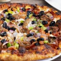 Growler Guys Super Supreme Pizza · Pepperoni, sausage, onion, peppers, mushrooms, Canadian bacon, black olives, and tomatoes sm...