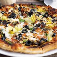 Vegetarian Greek Pizza · Artichokes, spinach, black olives, and tomatoes loaded with feta and mozzarella cheese on ou...