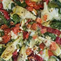Vegetarian Coastal Classic Pizza · Artichokes, spinach, mama Lils peppers, and tomatoes loaded with feta and mozzarella cheese ...