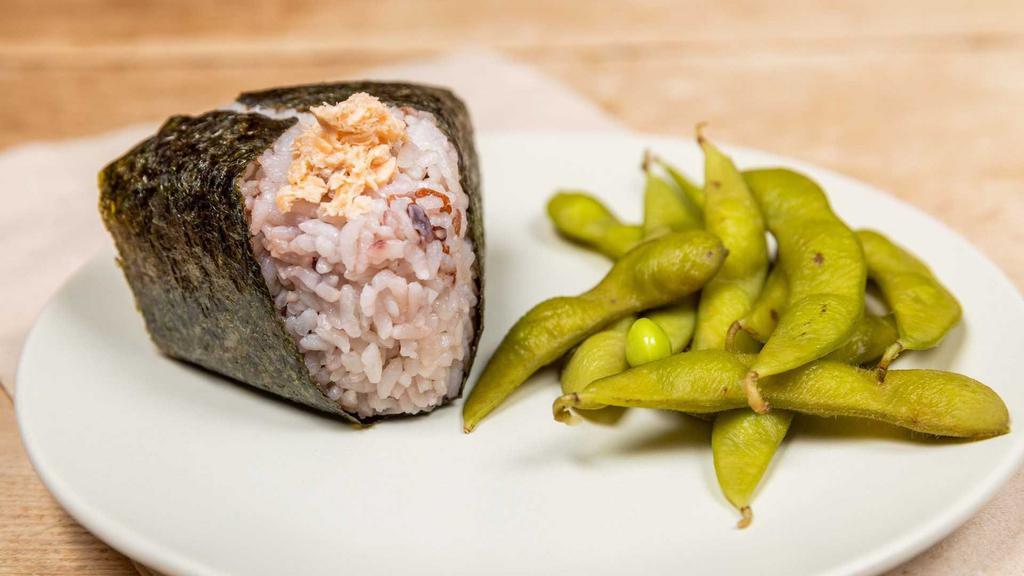 Onigiri · Onigiri rice ball wrapped with seaweed with your choice of filling. Served with edamame or Japanese style homemade napa cabbage or cucumber miso. Our rice is a highly nutritious blend of brown rice with quinoa, millet, Bhutanese red rice, and black rice.