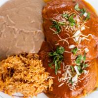 Chile Relleno Plate · Vegetarian. Two chile relleno peppers served with refried beans, rice, corn tortillas, and a...