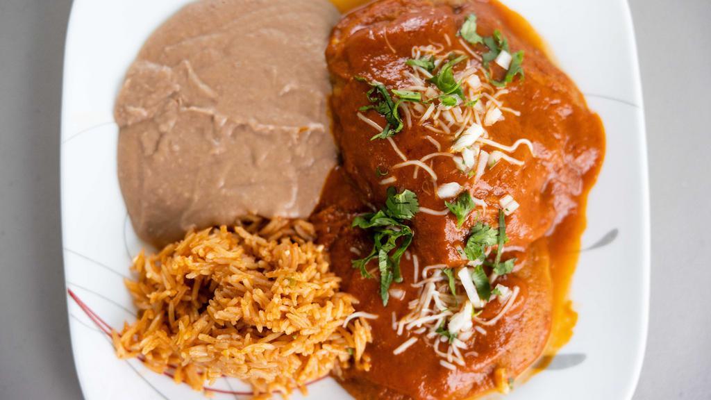 Chile Relleno Plate · Vegetarian. Two chile relleno peppers served with refried beans, rice, corn tortillas, and a special salsa. Add choice of protein for an additional charge.
