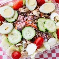 Chef Salad · Iceberg lettuce, grape tomatoes, cucumber, carrots, onions, hard boiled egg, ham, mushrooms,...