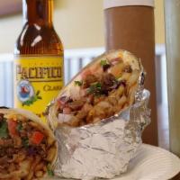 California Burrito W/Fish · Homemade Skinny Fries, Battered Fish, Cheese, House Sauce, and Pico de Gallo.  Choice of 2x ...