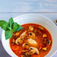 Tom Kha Soup (White Soup) · Lemongrass coconut milk scallion soup with bell pepper, mushroom, scallions, carrots.
