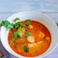 Tom Yum Soup (Red Soup) · No coconut milk.  Lemongrass scallion soup with bell pepper,  mushroom,  scallions,  chili, ...