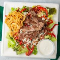 Steak & Blue Salad · Chopped romaine tossed in blue cheese dressing with roasted red peppers, blue cheese crumble...