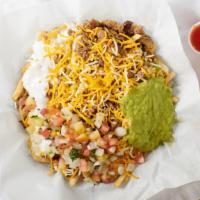 Carne Asada Fries · Feeds two people. Fries, cheese, sour cream, guacamole, carne asada. Any add on's will be ch...