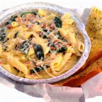 Bacon Spinach Alfredo (Regular) · Penne pasta, alfredo sauce, spinach, bacon and parmesan cheese.