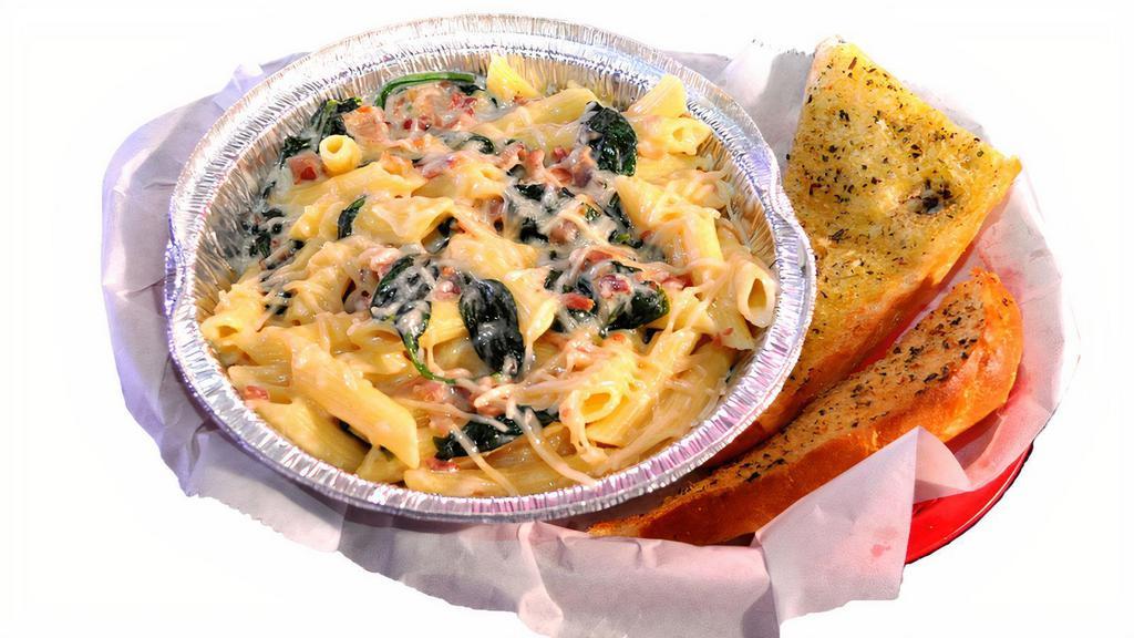 Bacon Spinach Alfredo (Regular) · Penne pasta, alfredo sauce, spinach, bacon and parmesan cheese.