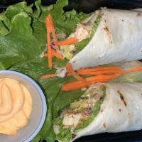 Saigon Wrap · Can be vegetarian or vegan. Grilled soy marinated chicken or tofu, avocado, cucumber, lettuc...