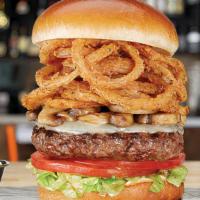 The Counter Burger · all-natural beef* • provolone • tomatoes • lettuce blend • fried onion strings • sautéed mus...