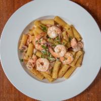 Rigatoni Di Pesce · Prawns, calamari, salmon, swordﬁsh, garlic with extra-virgin olive oil sauce.