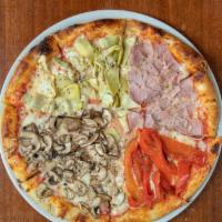 Quatro Stagioni · Mushrooms, artichoke hearts, ham, red bell peppers, fresh Mozzarella and tomato sauce.