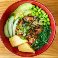 Salmon Poke Bowl · Salmon, avocado, edamame, egg, kaiware, seaweed salad, seaweed, cucumber, w/ Original sauce.