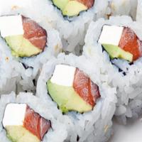 Philadelphia Roll  · Smoked salmon, avocado & cream cheese wrapped inside-out with rice and tobiko