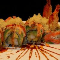 Angel Wings Roll  · Golden shrimp tempura, cucumber & avocado, topped with crab, spicy mayo and eel sauce & temp...