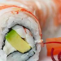 California Fortune Roll  · Shrimp with cream cheese and avocado wrapped inside-out with crabmeat on top