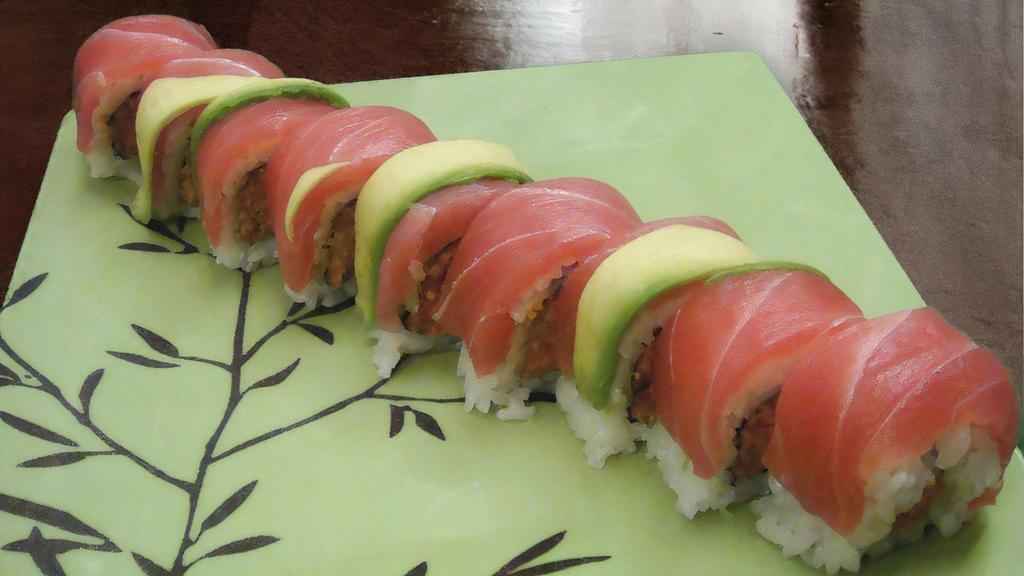Crazy Roll  · Spicy tuna wrapped inside-out, topped with tuna and avocado