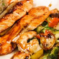 Hibachi Salmon · Fresh from raised grilled Atlantic salmon paired with hibachi fresh vegetables.