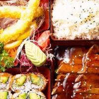 Bento Box C · Chicken teriyaki, california roll, shrimp and vegetable tempura and shrimp shumai.