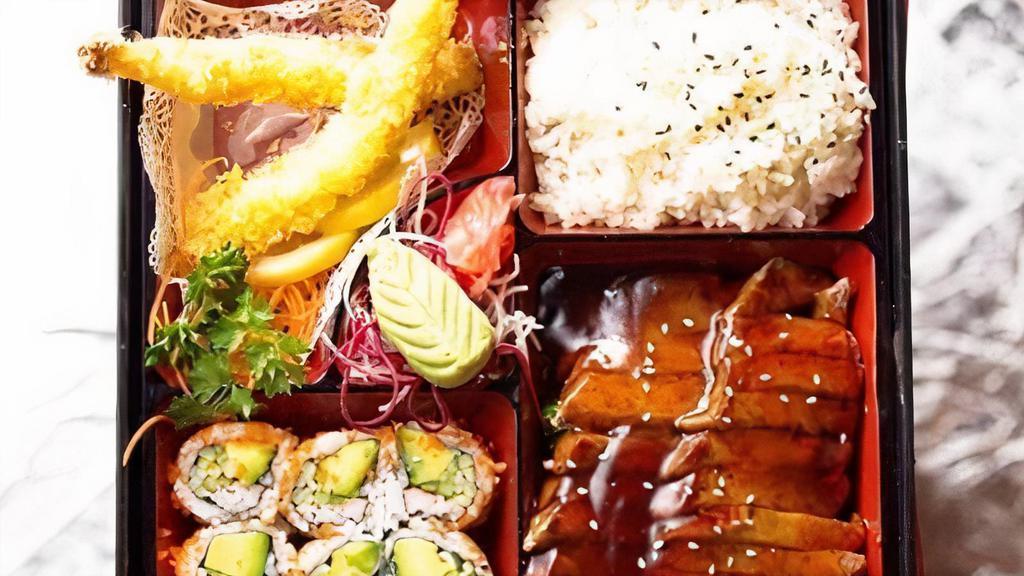 Bento Box C · Chicken teriyaki, california roll, shrimp and vegetable tempura and shrimp shumai.