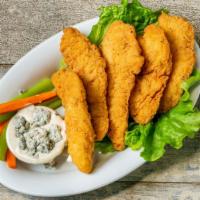 Chicken Strips · Country style fried chicken tenders served with celery & carrot sticks, and dipping sauce. A...