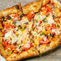 The Tree Hugger · Our all veggie pizza served with garlic, red onions, peppers, olives, mushrooms, a blend of ...
