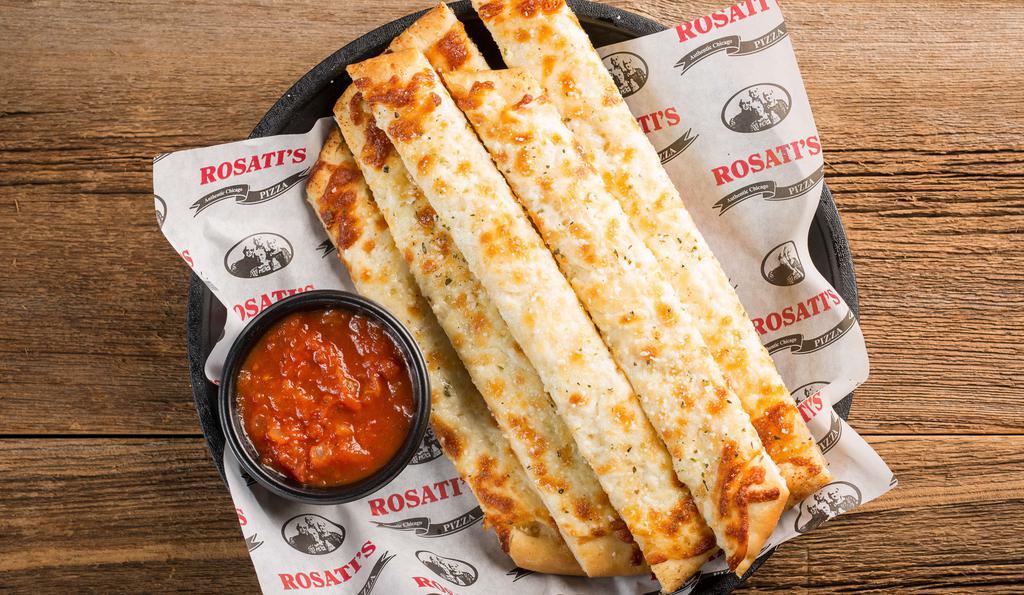 Cheesy Bread Stix · 1310 cal. Breadsticks topped with garlic butter and Mozzarella cheese & served with a side of marinara.