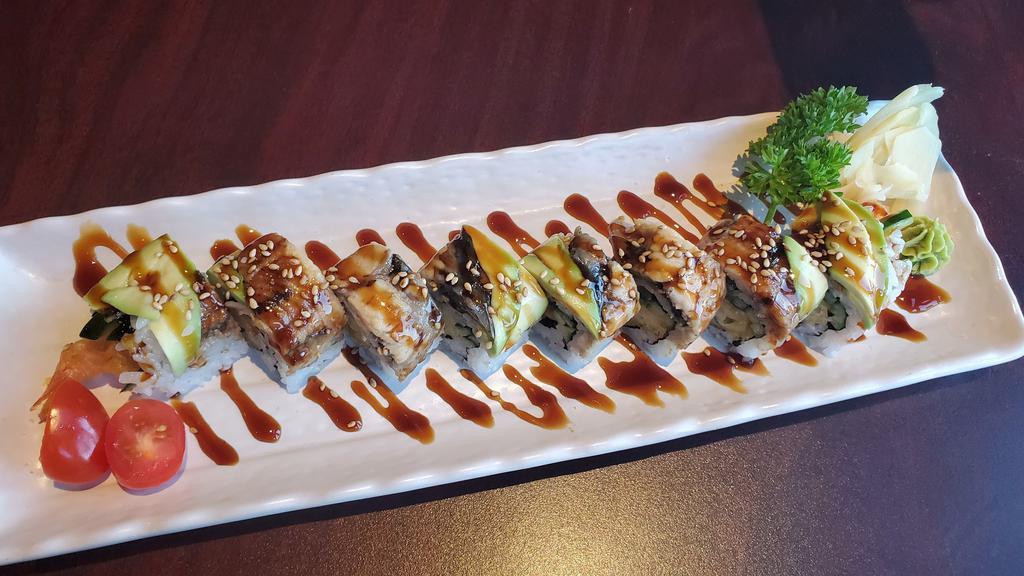 Dragon Roll · Tempura shrimp and cucumber roll. Topped with grilled eel or unagi, avocado, and soy glaze.