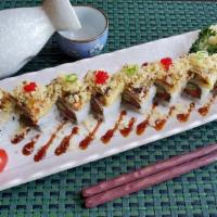 Mango Samurai Roll · Spicy tuna ,avocado and cucumber roll. Topped with tempura unagi ( grilled eel ), tempura cr...