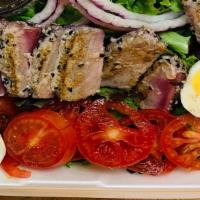 Ahi Tuna Salad · Seared Ahi Tuna Slice, egg, Tomato, mixed greens with choice dressing on the side.