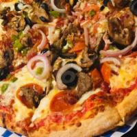 Urban Special · Pepperoni, sausage, bacon, meatball, nm green chile, mushroom, black olives, onions.