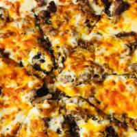 The Philly Cheese Pizza · Slice Beef Ribeye, Onion, Mushroom, Cheddar Cheese