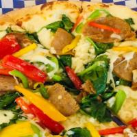 The Alfredo Pizza · Chicken, Sausage, Peppers, Spinach