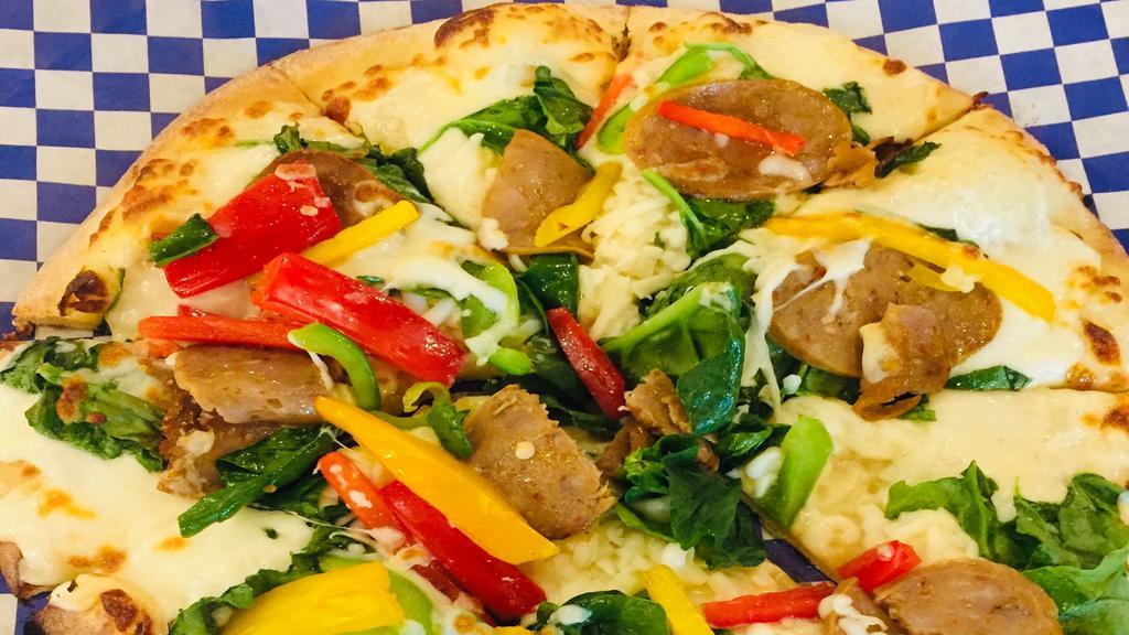 The Alfredo Pizza · Chicken, Sausage, Peppers, Spinach