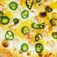 The Shrimp Pizza · Shrimp, jalapeno, cilantro, lime and mix seasoning.