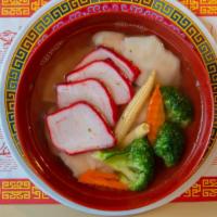 Wonton Soup · House-made soup broth with wontons, BBQ pork, and vegetables.