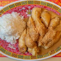 Almond Chicken · Breaded chicken breast pieces served with our house-made gravy and topped with ground almonds.