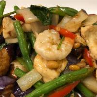 Eggplant Lover · Sauteed eggplant with shrimp, chicken, onions, green beans, bell pepper, and thai basil leav...