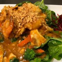 Rama · Sauteed chicken and shrimp with peanut sauce over sautéed mixed vegetable.