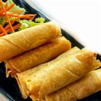 Spring Rolls (V) · Mixed vegetables wrapped in thin pastry sheets, deep fried and served with plum sauce.