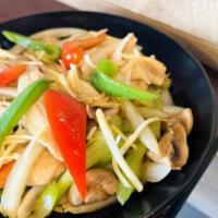 Phad Khing | Ginger · Ginger stir fried with bell peppers, celery, onions and mushrooms.