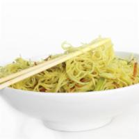 Singapore Rice Noodles · Spicy. Gluten free. Rice noodle, shredded vegetables, Dry red chili, curry oil.