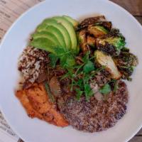 California Burger Bowl  · Avocado, Griddled Sweet Potato, Roasted Mushroom, Caramelized Onion, Brussels Sprout, Brown ...