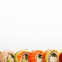 Rainbow · Crab salad, cucumber, avocado, topped with tuna, salmon, yellowtail, shrimp, and avocado.