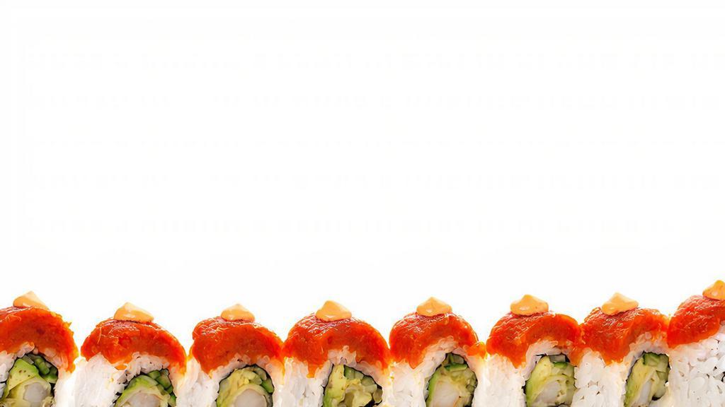 Red Dragon · Tempura shrimp, avocado, cucumber, topped with spicy tuna and spicy mayo.