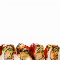 Dragon · Tempura shrimp, cucumber, topped with Unagi, avocado, and unagi sauce.