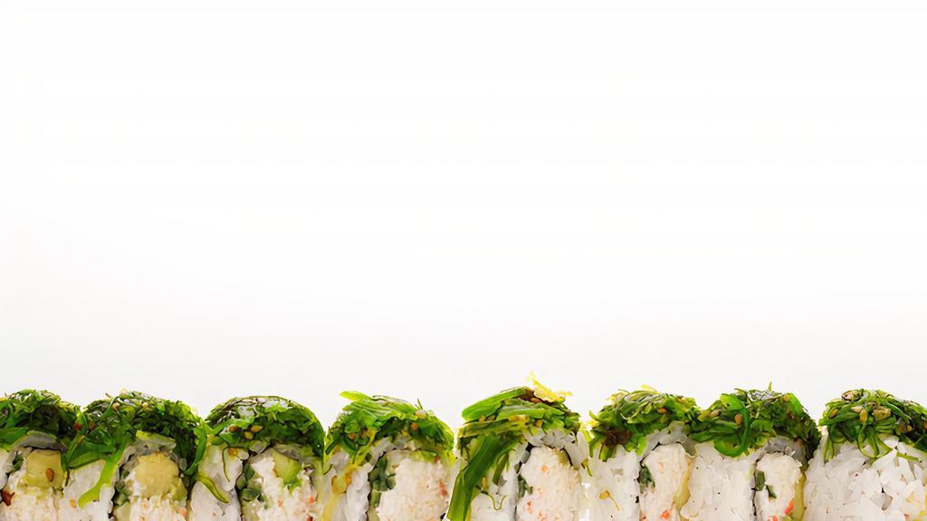 Medusa · Crab salad , tempura crunch, cucumber, avocado, topped with seaweed salad.