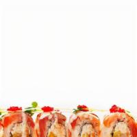 Kamikaze · Spicy tuna, avocado, shrimp tempura, topped with seared salmon, tobiko, kaiware, drizzled 
w...